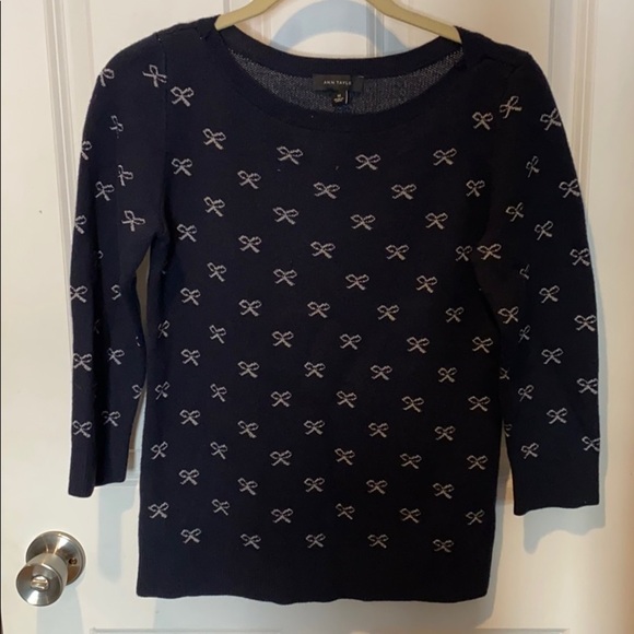 Ann Taylor Navy Silver Bow Print Sweater - Picture 2 of 8
